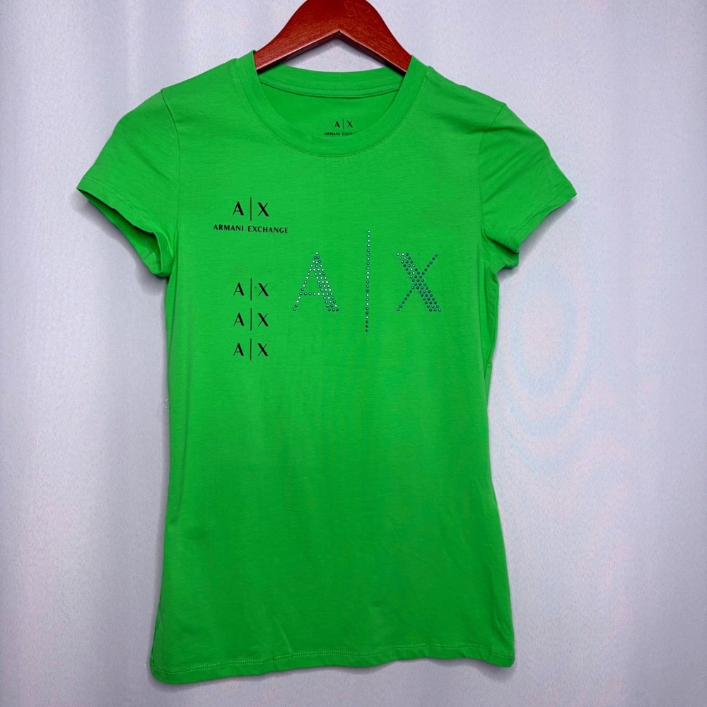 Armani Exchange‎ Womens Lime Green Rhinestone Logo Graphic T-Shirt XS Y2K Bling